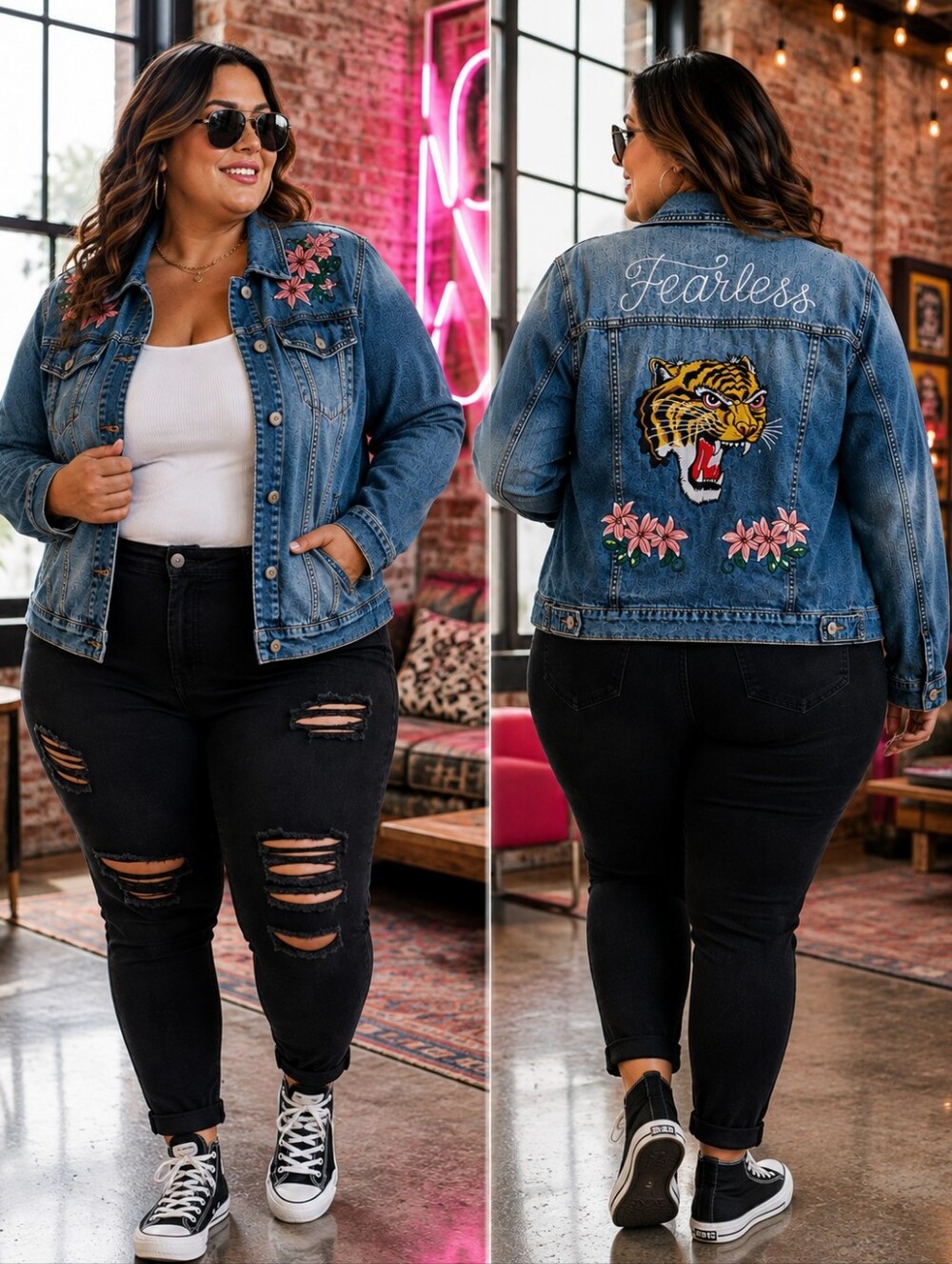 TORRID Fearless Tiger Floral Embroidered Denim Trucker Jacket Statement Piece